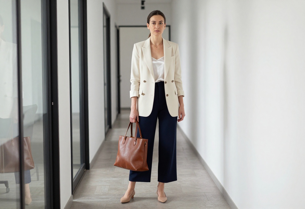 Woman in camel blazer and wide-leg trousers standing in office hallway