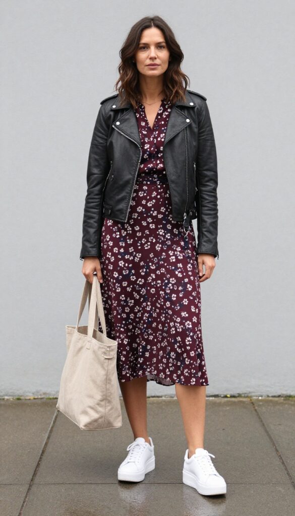 2. Leather Moto Jacket with Midi Dress and Chunky Sneakers