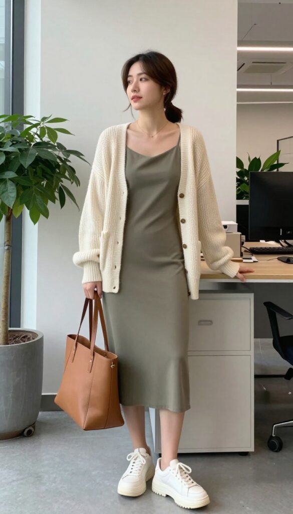 8. Slip Dress + Cardigan + Chunky Sneakers