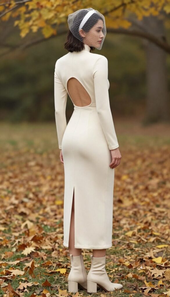 Bride in high-neck long-sleeve dress with open back, standing in fall outdoor setting, smiling over shoulder, wearing heeled boots and veil.