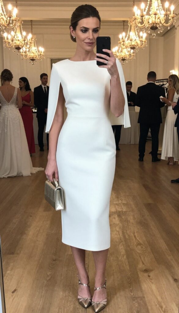 Woman in white column dress with cape sleeves, metallic heels and clutch, standing in grand ballroom with chandeliers.