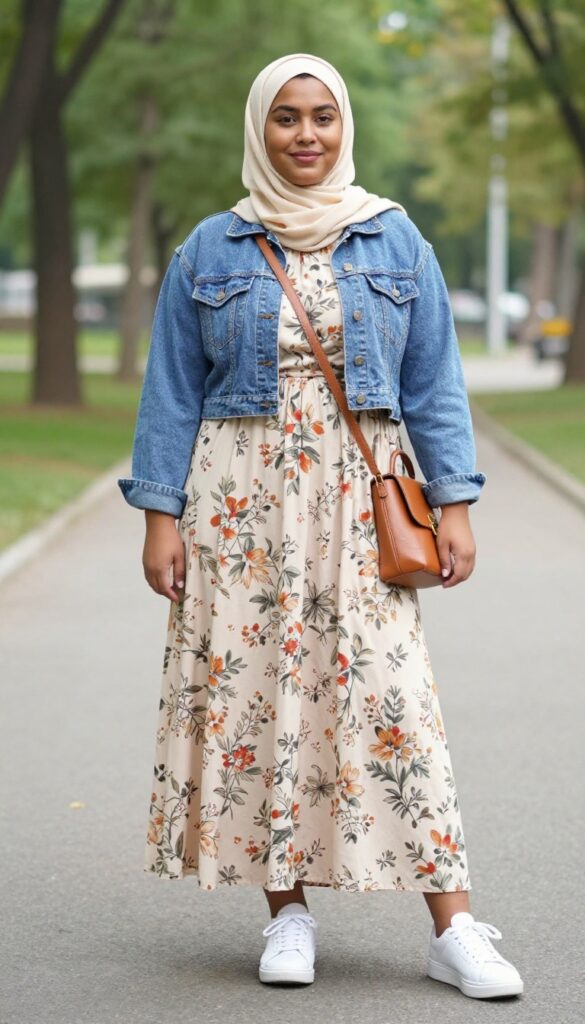 3. Maxi Dress + Denim Jacket + Crossbody Bag