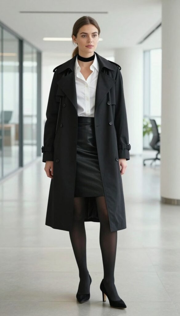 6. Black Trench Coat + White Button-Down + Leather Pencil Skirt