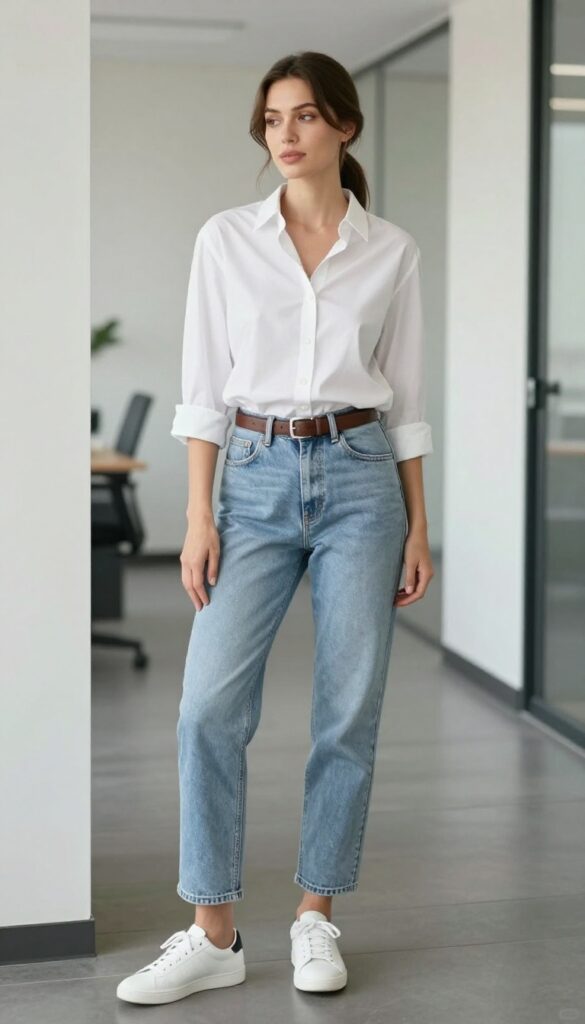3. White Button-Down + Light Wash Jeans + Sneakers