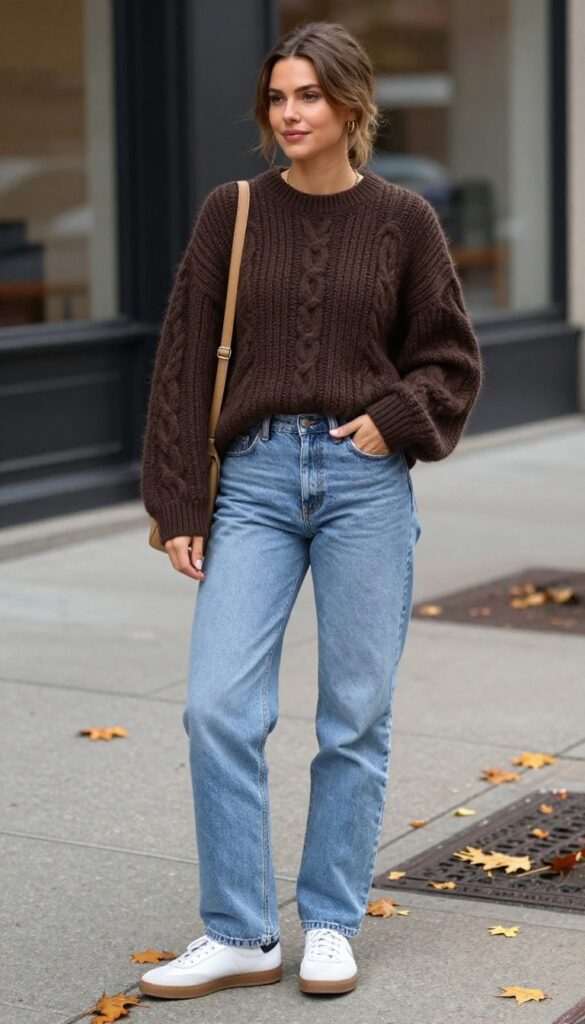 1. Chocolate Brown Sweater with Light Wash Jeans