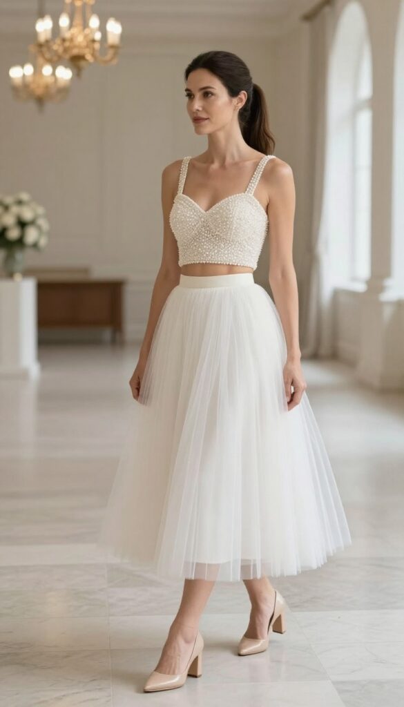 Young woman in beaded crop top and tulle skirt posing in grand ballroom