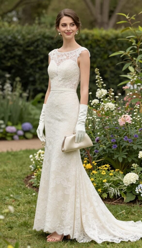 1. Ivory Lace Dress with Wrist-Length Gloves