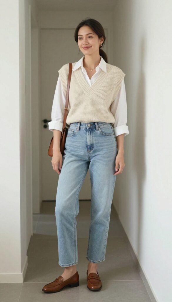 12. Vest + Button-Down + Wide-Leg Jeans