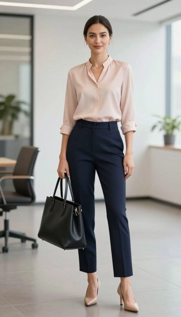 1. The Tailored Pantsuit with a Soft Blouse