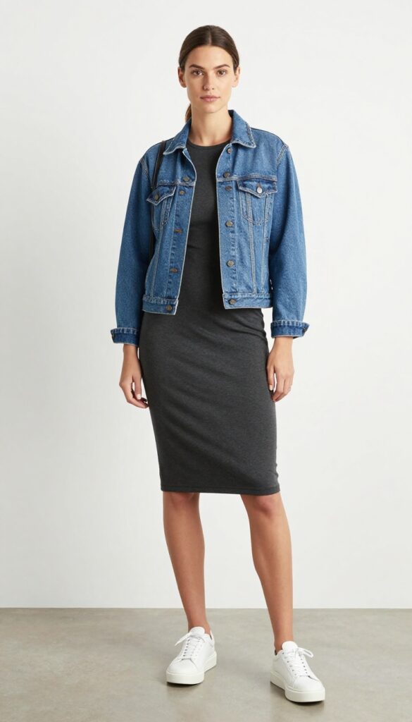 7. Denim Jacket + Slip Dress + Platform Sneakers