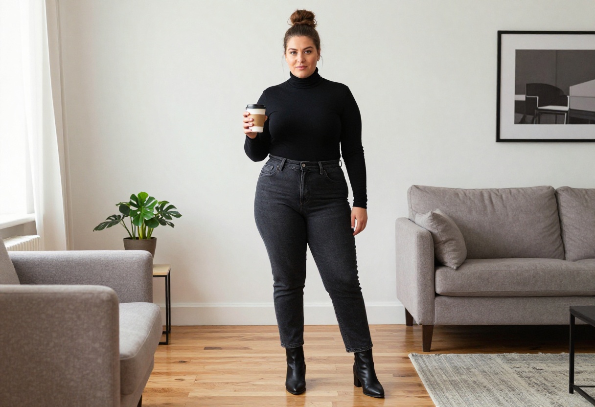 Plus size woman in black turtleneck and bootcut jeans standing in living room