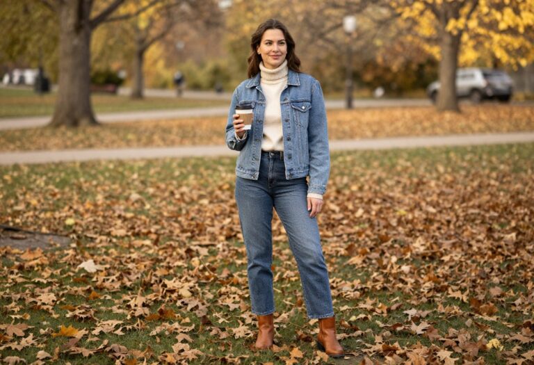 Woman in jean jacket and turtleneck standing in autumn park with coffee