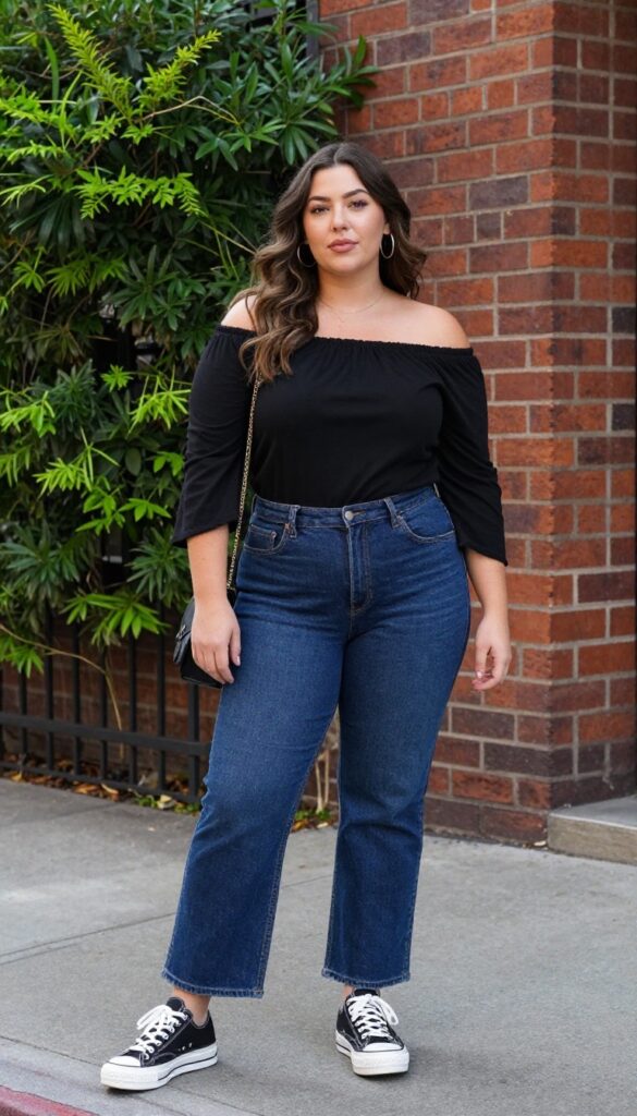 8. Off-Shoulder Top with Flared Jeans