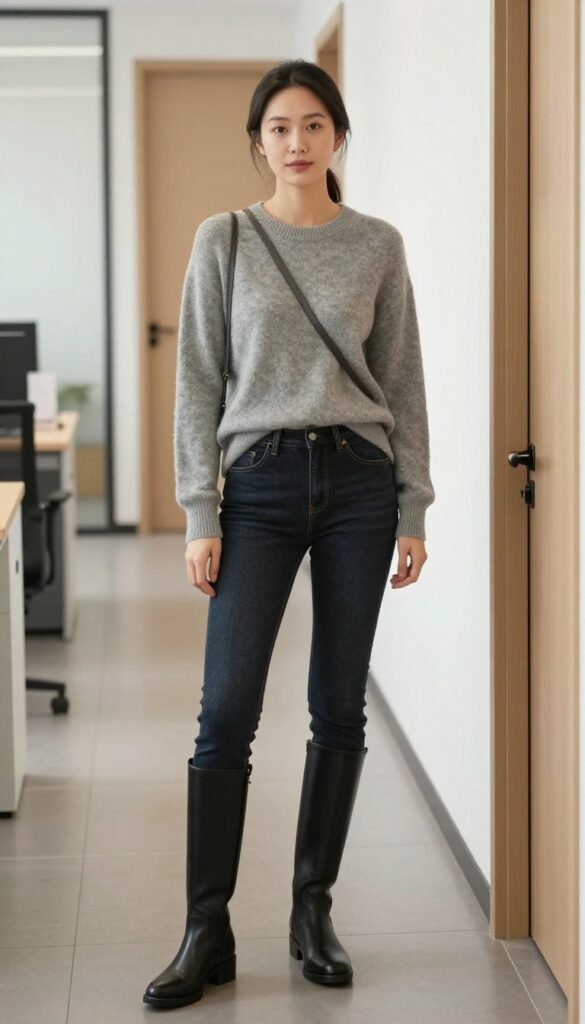15. Tunic Sweater + Leggings-Like Jeans + Riding Boots