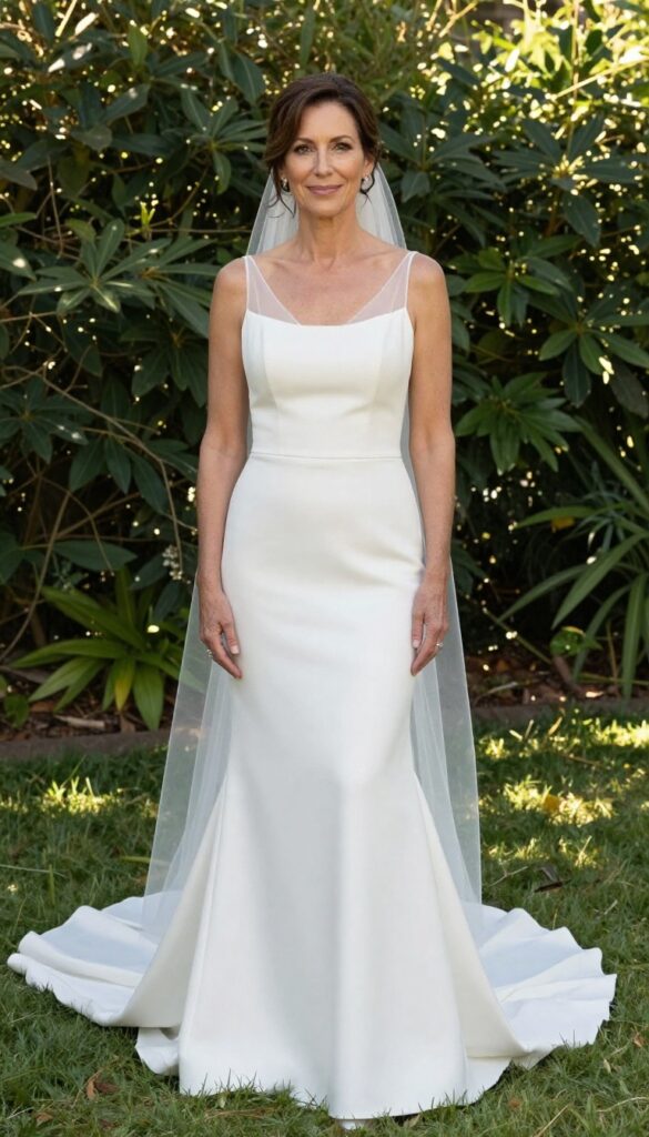 Woman in convertible wedding dress with detachable train in garden ceremony