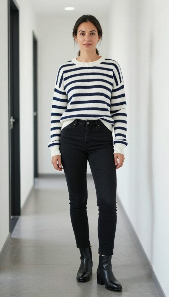 2. Striped Sweater + Black Jeans + Ankle Boots