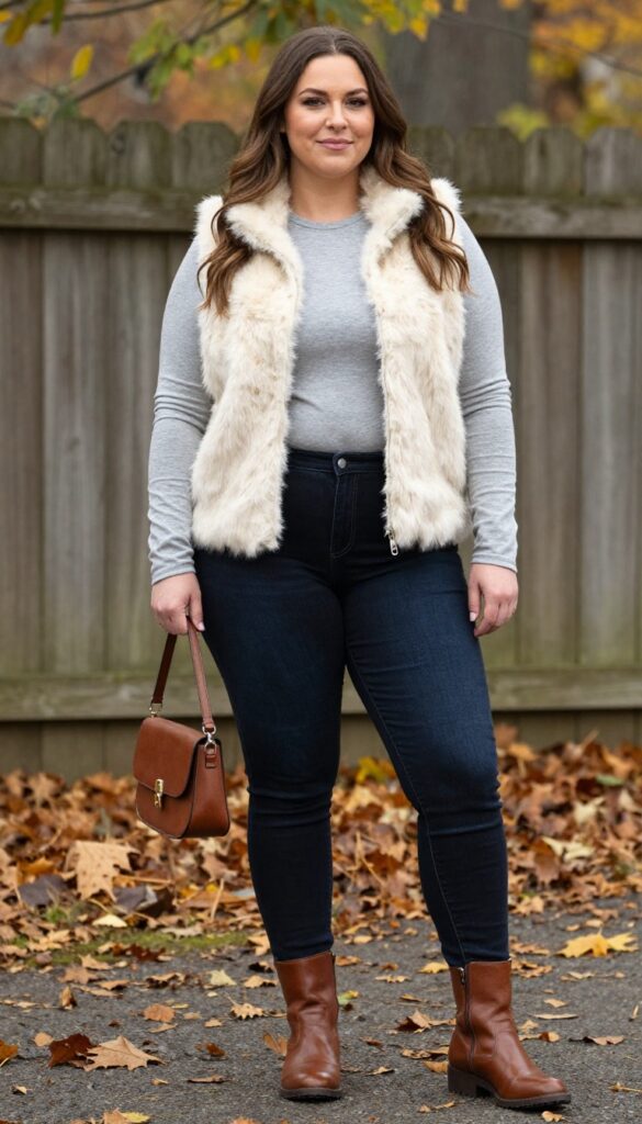 7. Faux Fur Vest + Long-Sleeve Tee + Skinny Jeans + Riding Boots