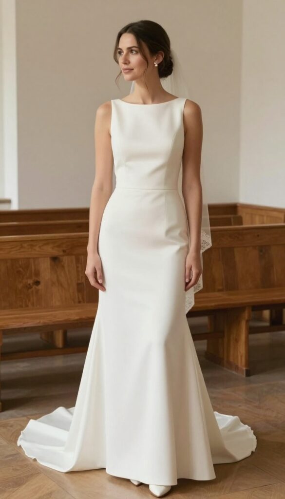 Woman in her late 20s wearing ivory straight wedding dress with lace-trimmed veil, low bun, pearl studs, standing in bright chapel with natural light.