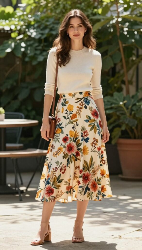 8. Midi Skirt with a Knit Top and Heeled Sandals