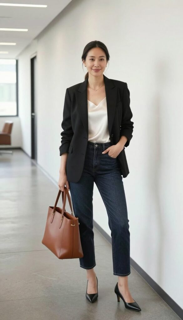 12. High-Waisted Jeans with a Blazer and Heels