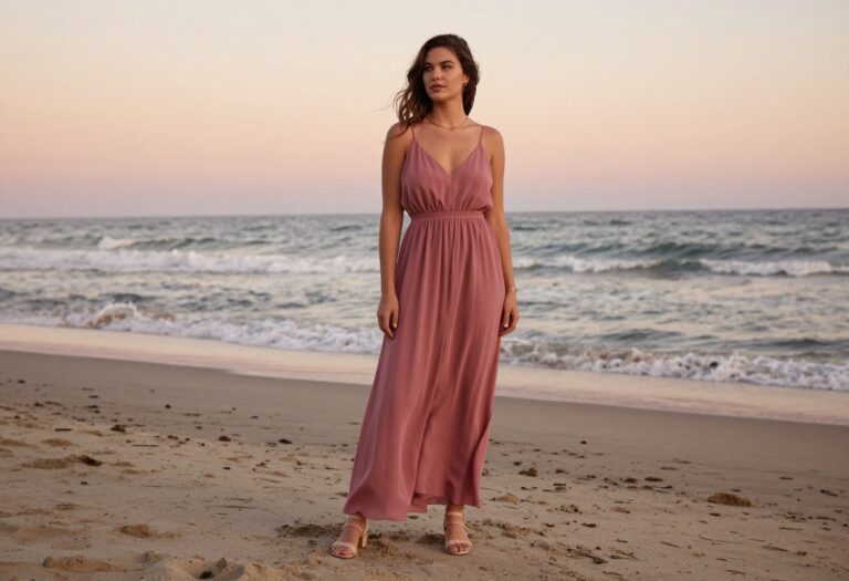 Woman in dusty rose chiffon maxi dress on beach at sunset