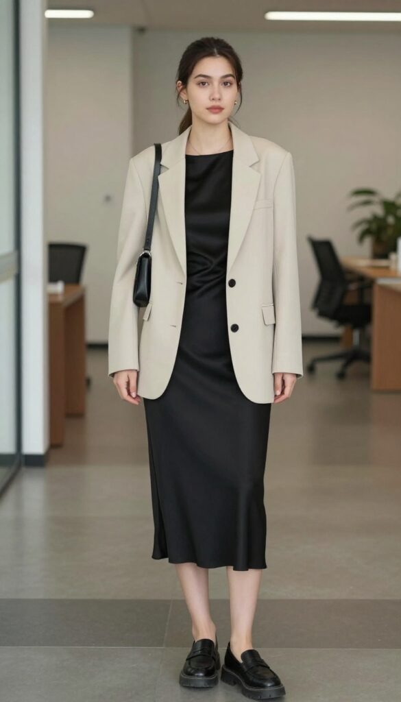 3. Midi Slip Dress + Blazer + Chunky Loafers