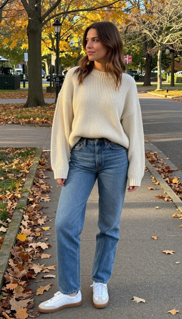 1. Oversized Chunky Knit Sweater with Straight-Leg Jeans