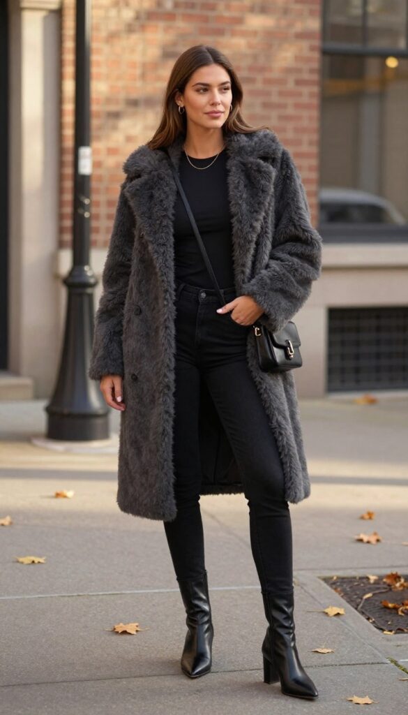 8. Faux Fur Coat + Black Jeans + Simple Tee + Pointed Boots