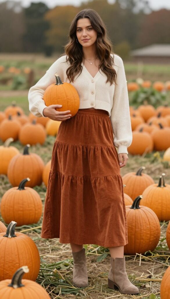 6. Tiered Maxi Skirt with Cropped Cardigan and Ankle Boots