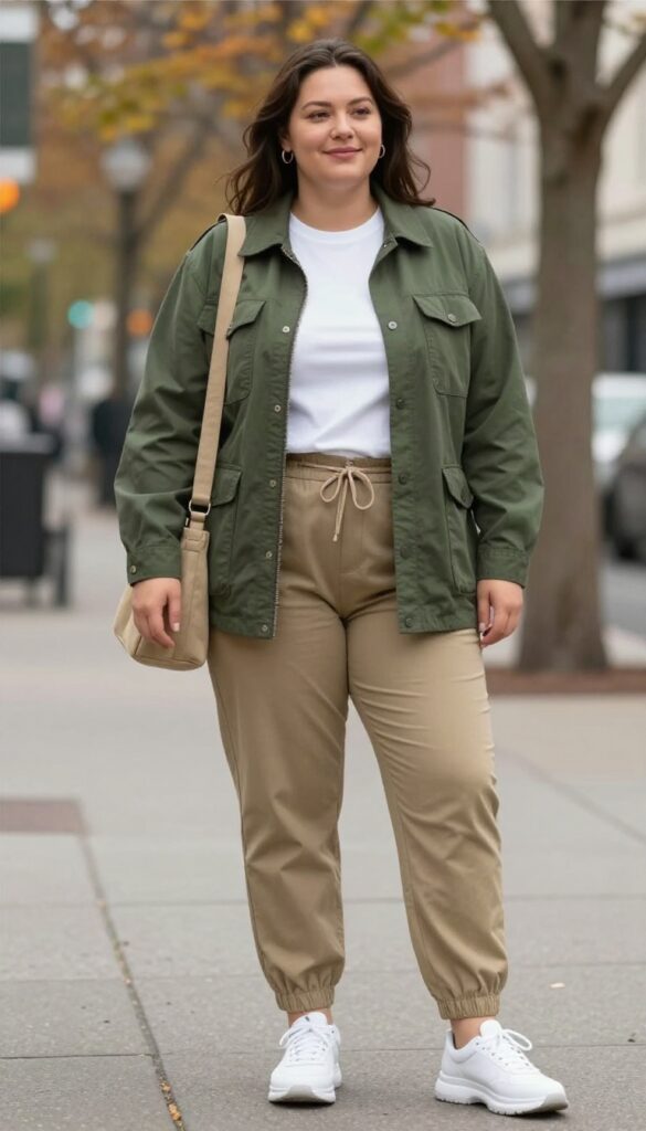 8. Army Green Utility Jacket + White Tee + Khaki Joggers