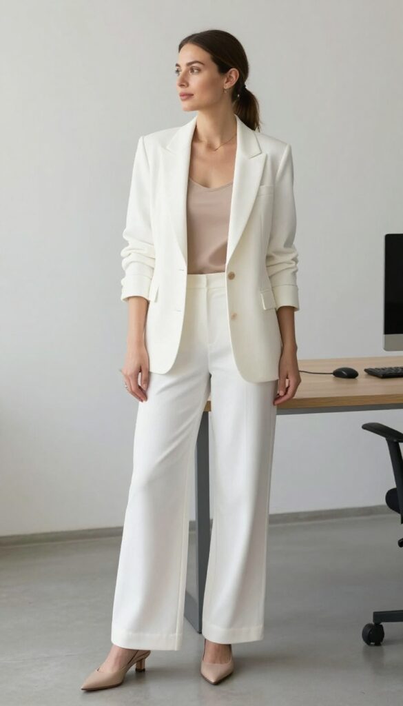 1. The Crisp White Blazer & Wide-Leg Trousers