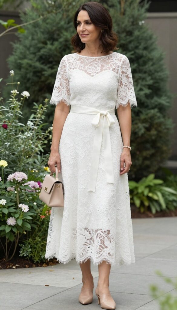 Bridal shower outfit: white lace wedding dress with sleeves, satin ribbon belt, nude mules, beige handbag, pearl bracelet, garden setting.