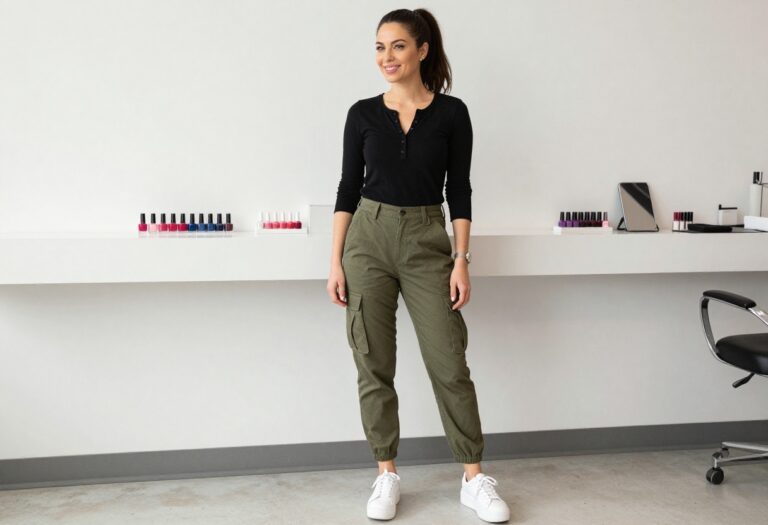 Nail tech in black Henley, olive cargo pants, and white sneakers standing in a salon