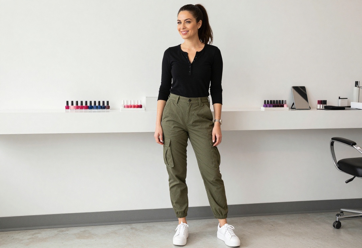 Nail tech in black Henley, olive cargo pants, and white sneakers standing in a salon