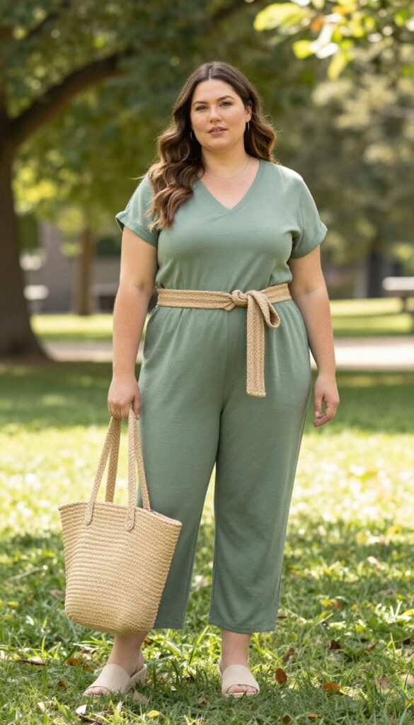 5. Sage Green Jumpsuit + Woven Belt + Espadrilles