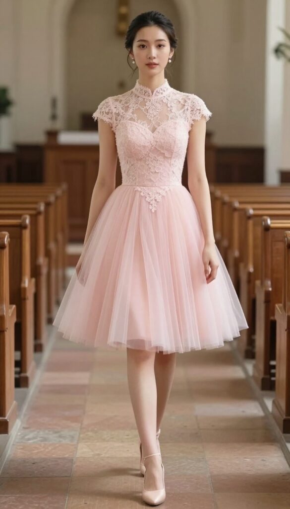 Ballet pink fit-and-flare wedding dress with high collar and lace back, worn by a woman with a low bun and pearl earrings in a church setting.