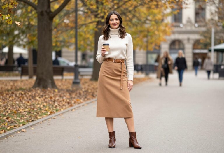 Woman in camel midi skirt and cream turtleneck standing in autumn park