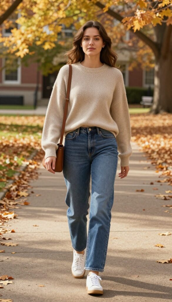 1. Cozy Chunky Knit Sweater with Straight-Leg Jeans and White Sneakers