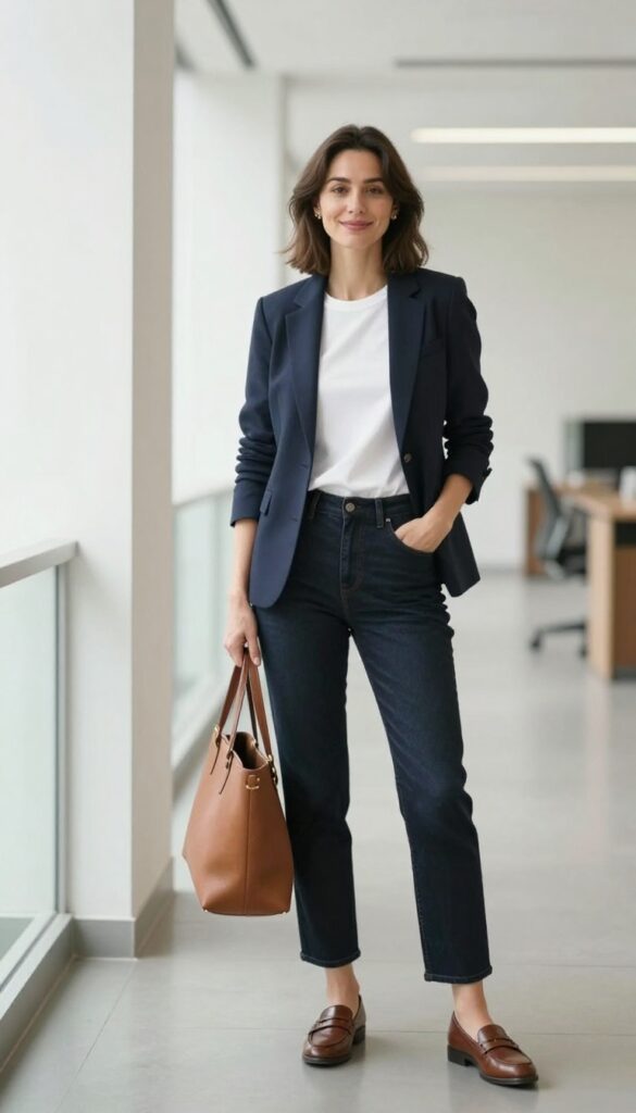 1. Blazer + White Tee + Straight-Leg Jeans