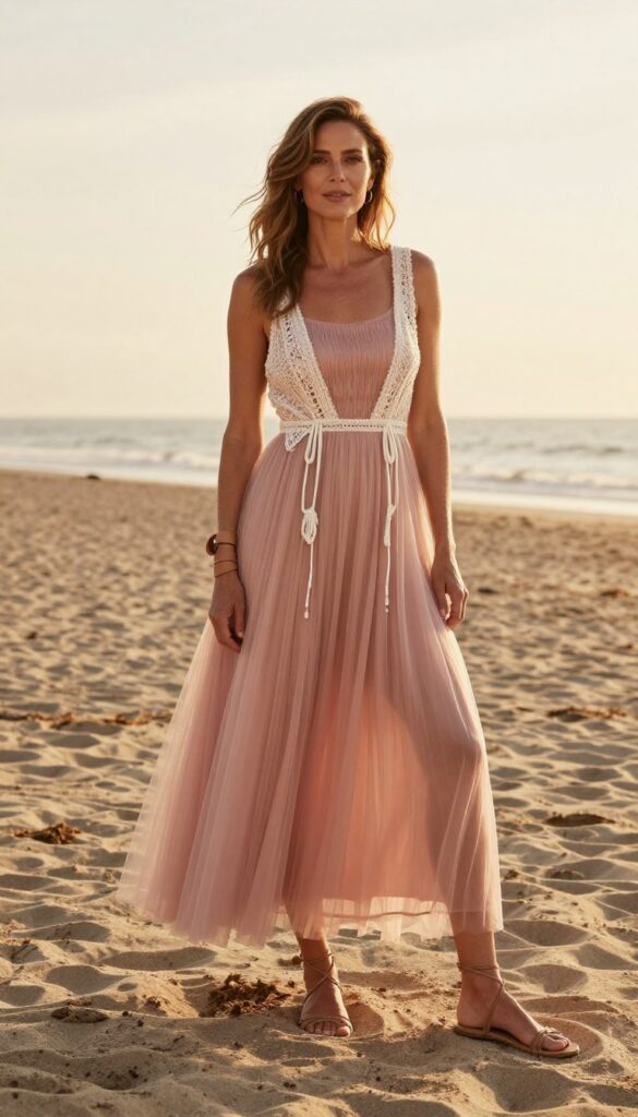 Boho chic wedding outfit: blush tulle dress with white crochet kimono and barefoot sandals on beach at sunset.