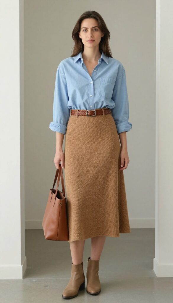 6. The Denim Shirt and A-Line Skirt