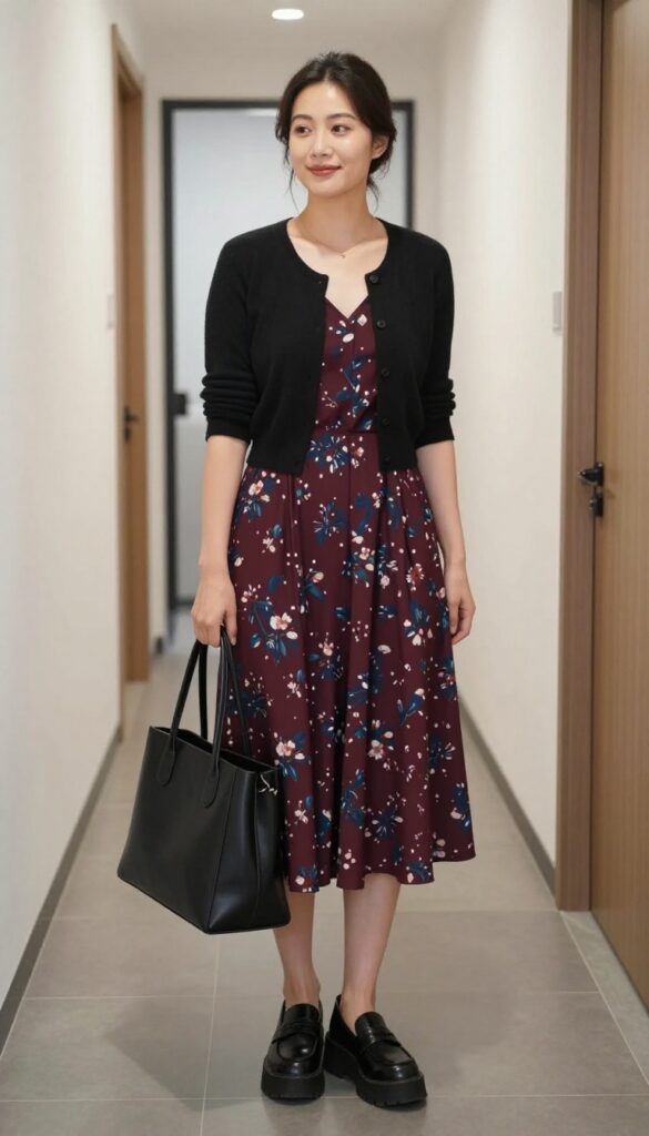 1. Dark Floral Midi Dress + Chunky Loafers