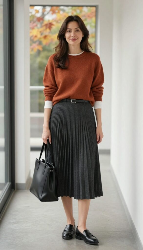 6. Sweater Vest Over a Long-Sleeve Tee with Pleated Skirt