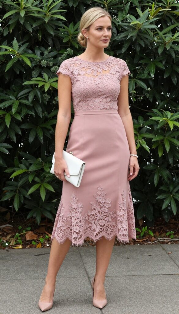 Woman in dusty pink lace sheath dress with cap sleeves, nude pumps, pearl bracelet, and white clutch in garden