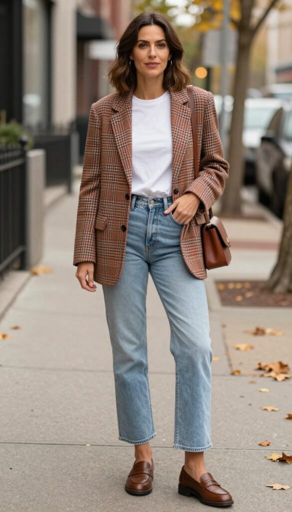 3. Plaid Blazer with White Tee and Cropped Flare Jeans