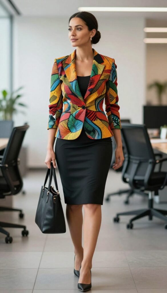 2. Ankara Blazer over a Black Dress