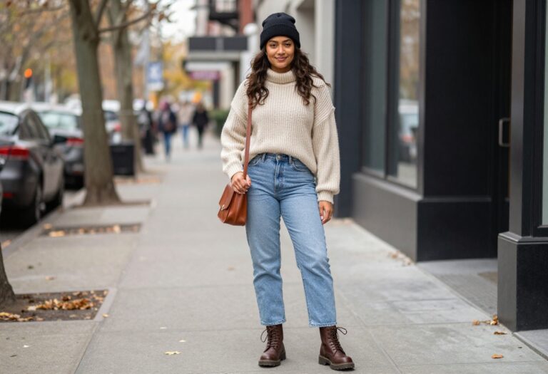 Woman in 90s fall outfit with chunky sweater, straight-leg jeans, and combat boots on a city street with autumn leaves.