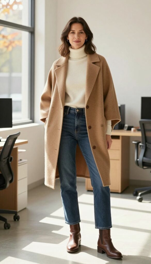 15. Poncho + Turtleneck + Straight-Leg Jeans