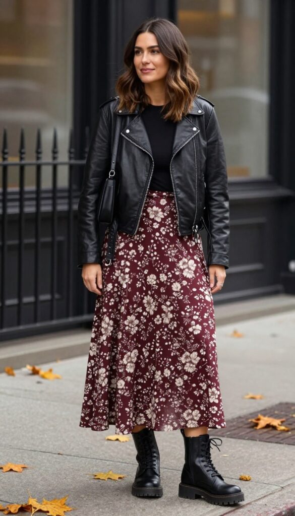 5. Leather Jacket + Floral Maxi Skirt + Combat Boots