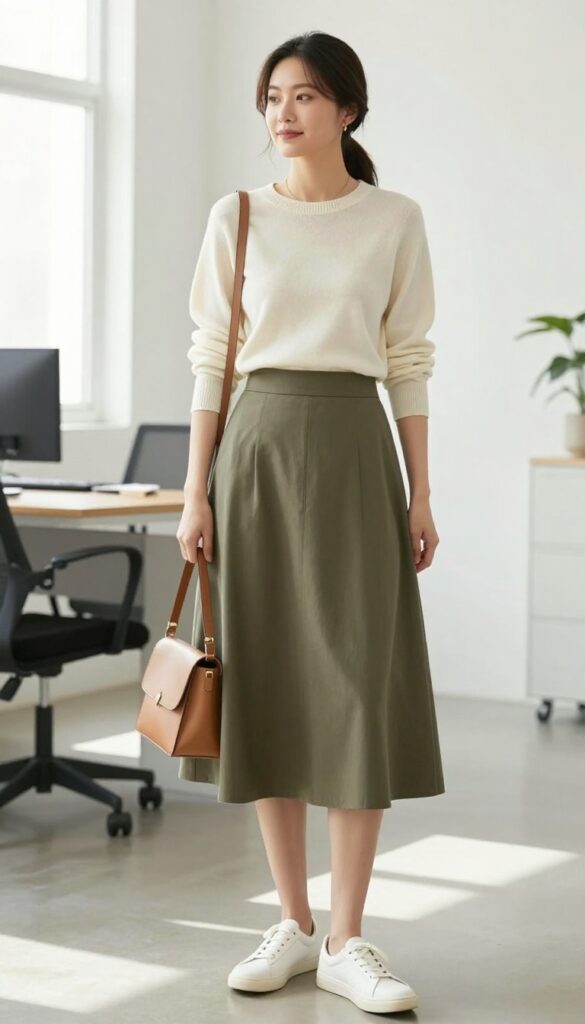 2. Midi Skirt + Knit Top + Slip-On Sneakers